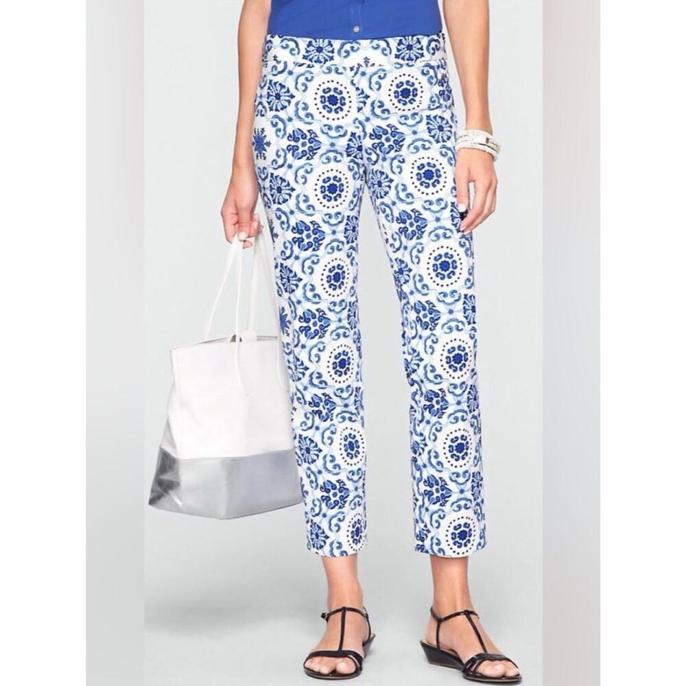 Talbots Heritage Blue & White Print Pants Size 4P NWT Side Zip Preppy Coastal